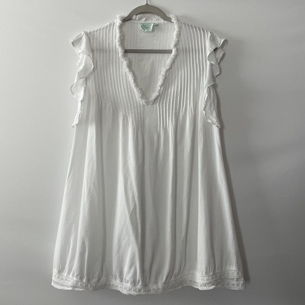 True Destinations White Pintuck Ruffle Sleeve Tunic Top Women Size S